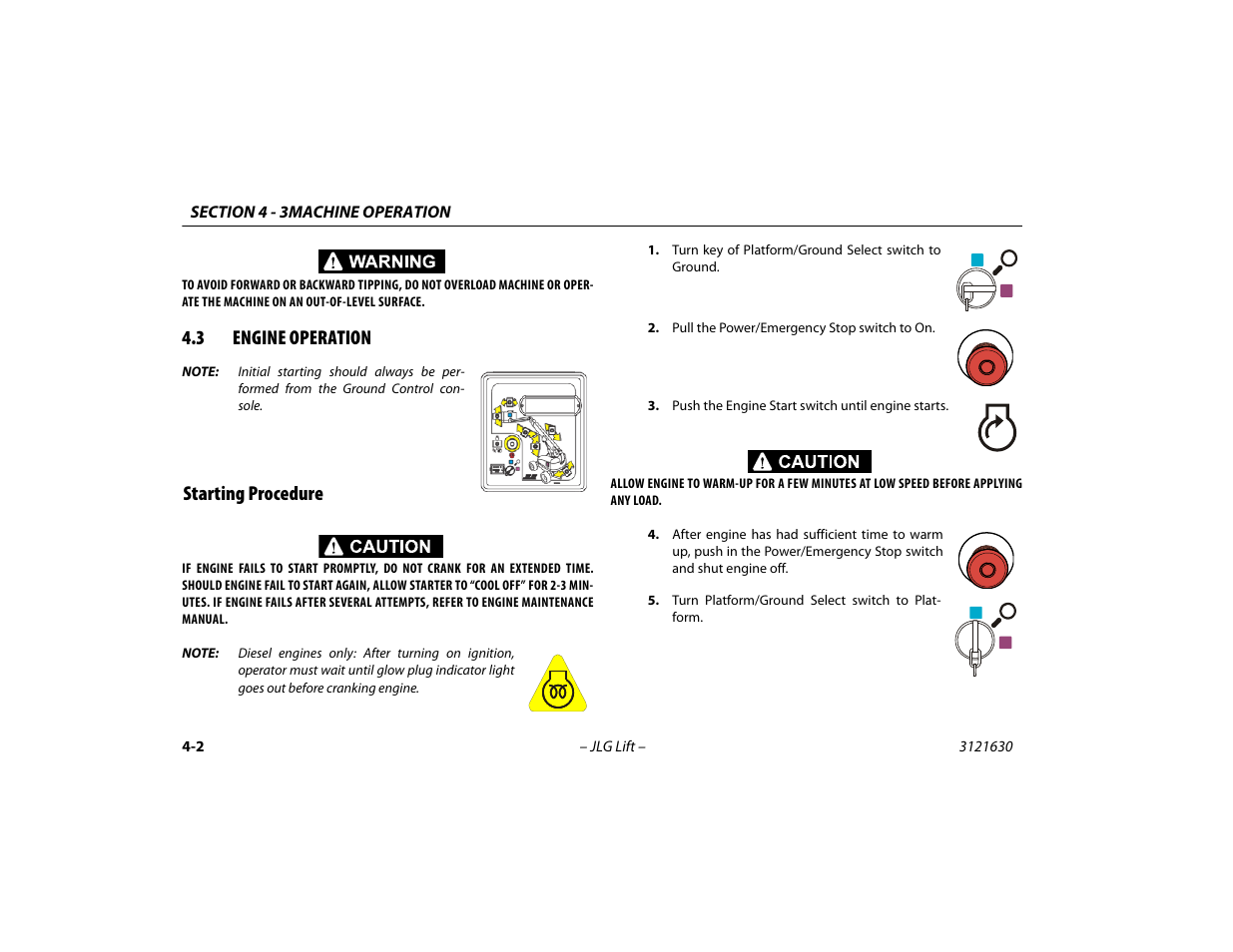 3 engine operation, Starting procedure, Engine operation -2 | Starting procedure -2 | JLG 860SJ Operator Manual User Manual | Page 62 / 130