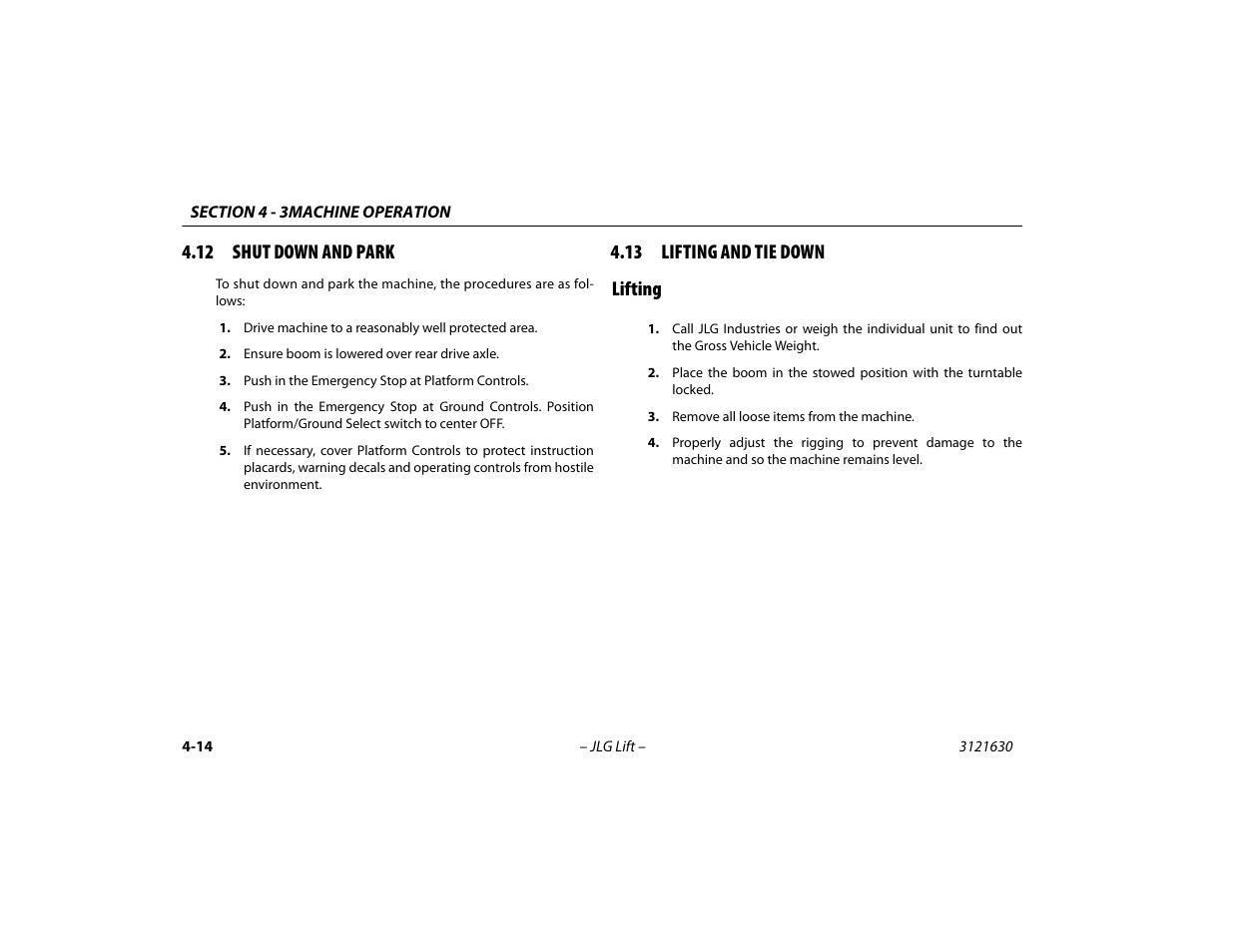 12 shut down and park, 13 lifting and tie down, Lifting | Lifting -14, 13 lifting and tie down lifting | JLG 860SJ Operator Manual User Manual | Page 74 / 130