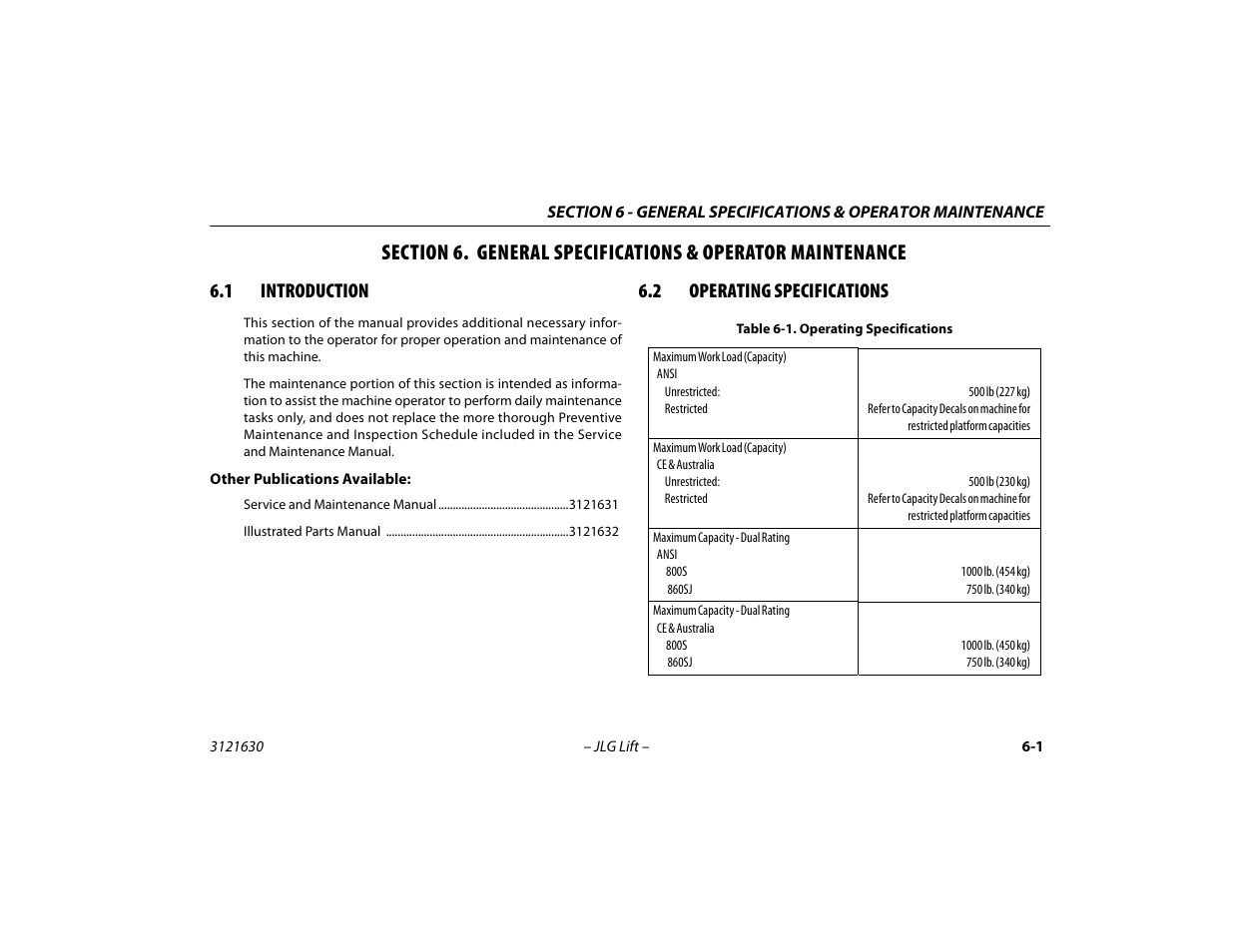 1 introduction, 2 operating specifications, Introduction -1 | Operating specifications -1 | JLG 860SJ Operator Manual User Manual | Page 93 / 130