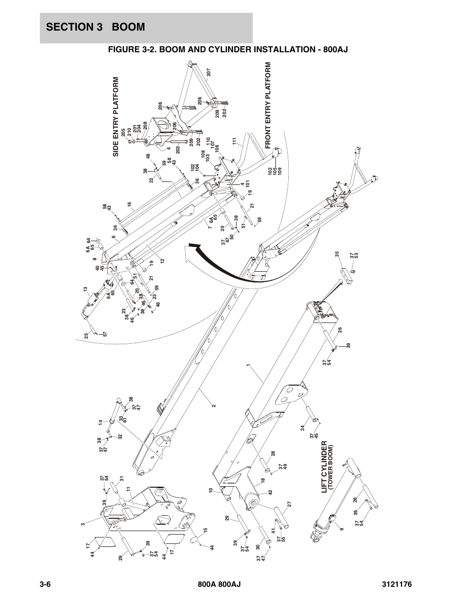 Figure 3-2. boom and cylinder installation - 800aj, Lift cylin d er | JLG 800A_AJ ANSI Parts Manual User Manual | Page 232 / 438