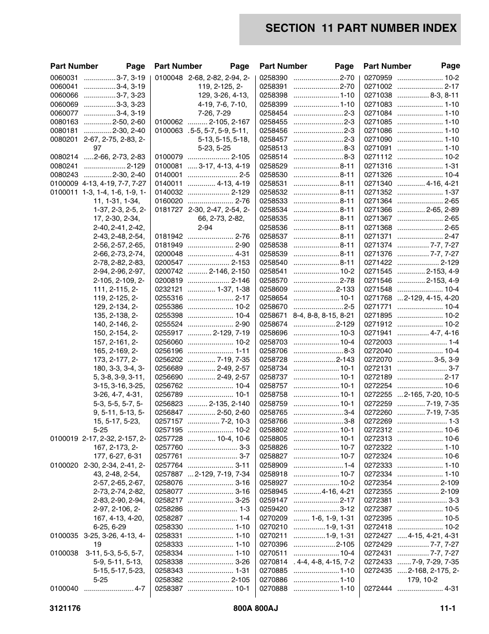 Section 11 part number index, 11 - part number index -1 | JLG 800A_AJ ANSI Parts Manual User Manual | Page 417 / 438