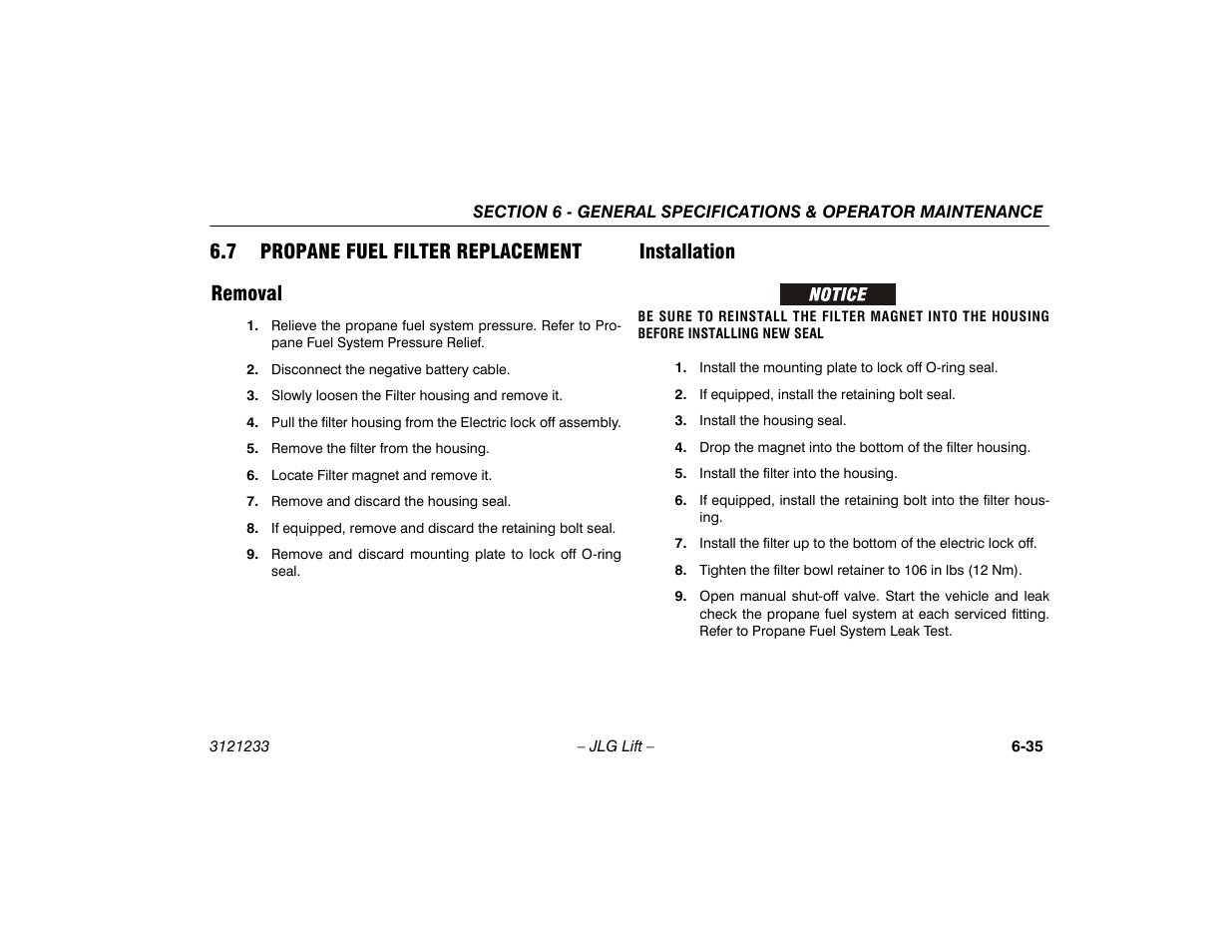 7 propane fuel filter replacement, Removal, Installation | 7 propane fuel filter replacement -35, Removal -35 installation -35, 7 propane fuel filter replacement removal | JLG 680S Operator Manual User Manual | Page 119 / 128