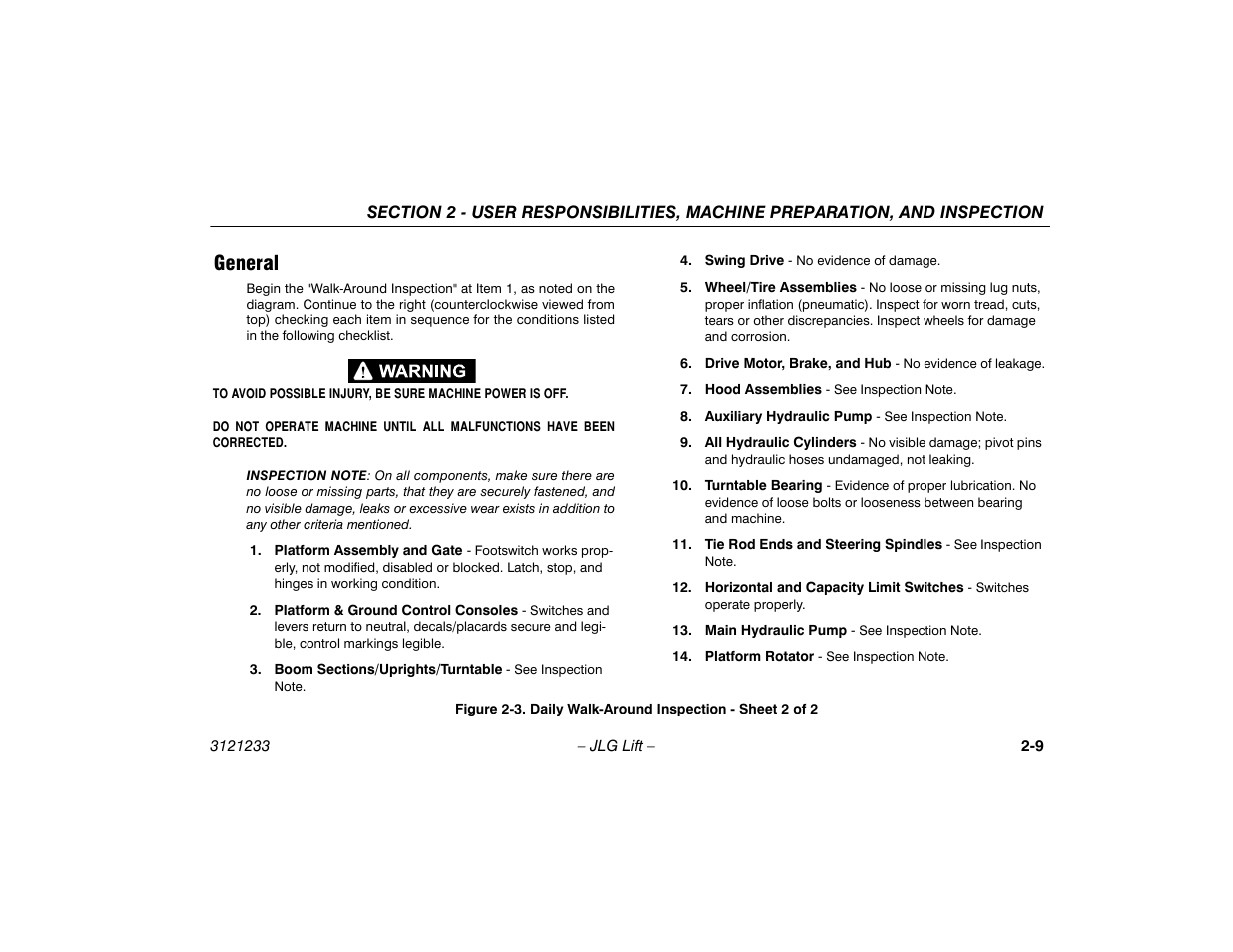 General -9, Daily walk-around inspection - sheet 2 of 2 -9, General | JLG 680S Operator Manual User Manual | Page 29 / 128