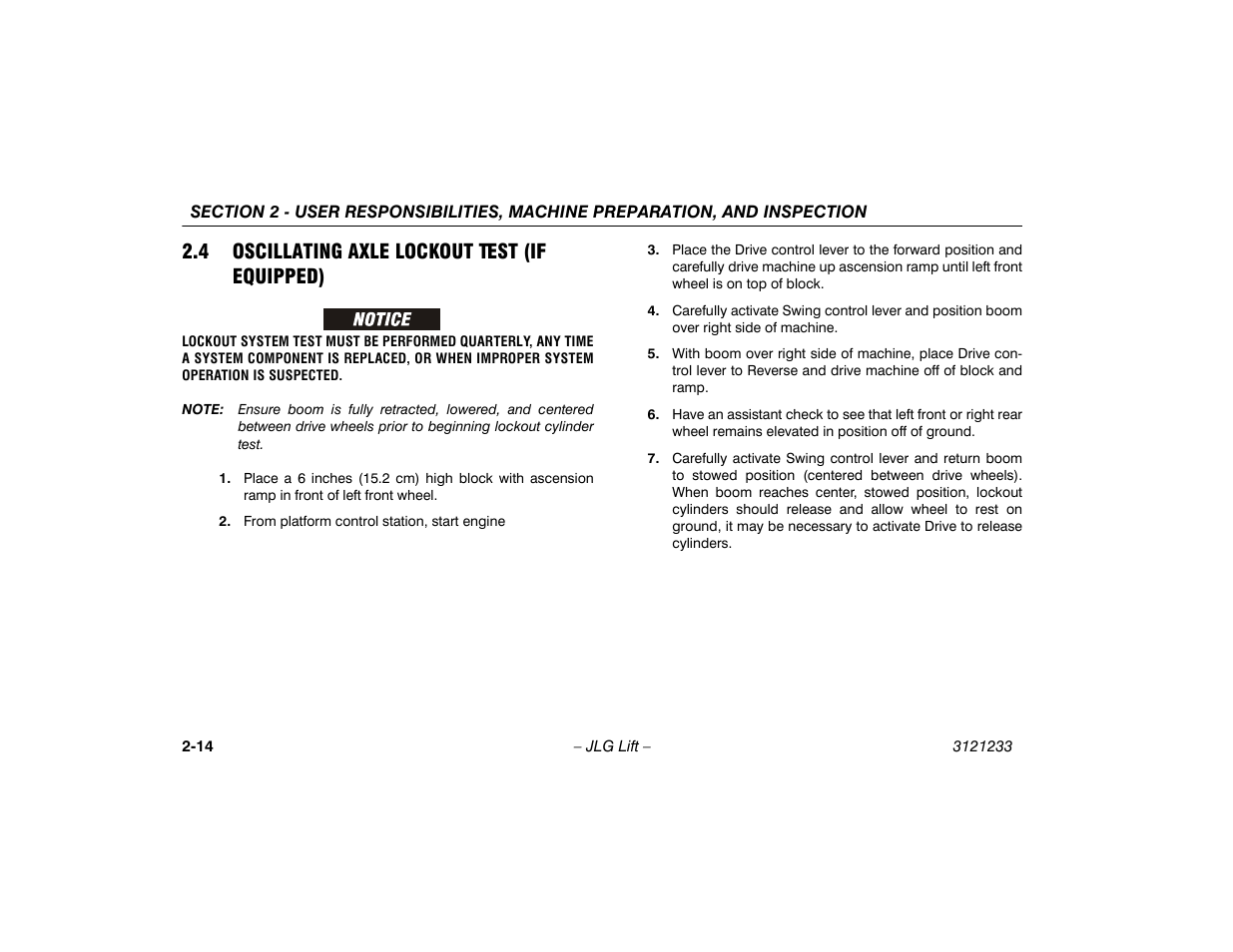 4 oscillating axle lockout test (if equipped), 4 oscillating axle lockout test, If equipped) -14 | JLG 680S Operator Manual User Manual | Page 34 / 128