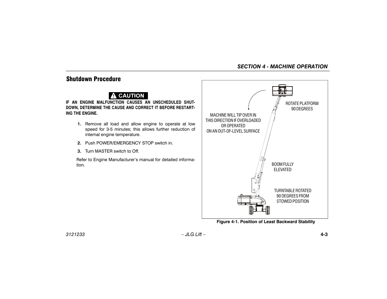 Shutdown procedure, Shutdown procedure -3, Position of least backward stability -3 | JLG 680S Operator Manual User Manual | Page 59 / 128