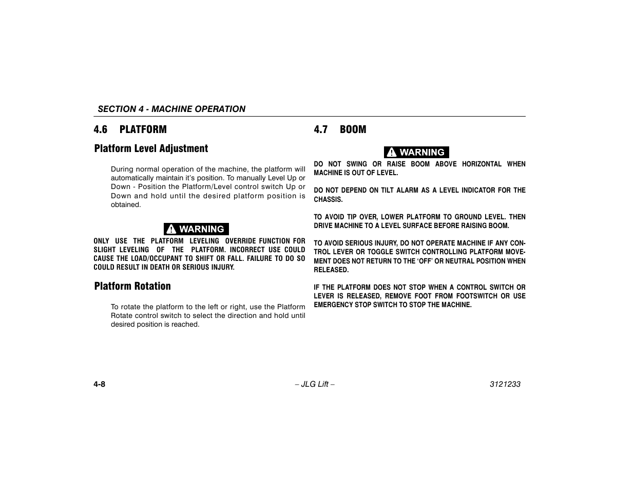 6 platform, Platform level adjustment, Platform rotation | 7 boom, 6 platform -8, Platform level adjustment -8 platform rotation -8, 7 boom -8 | JLG 680S Operator Manual User Manual | Page 64 / 128