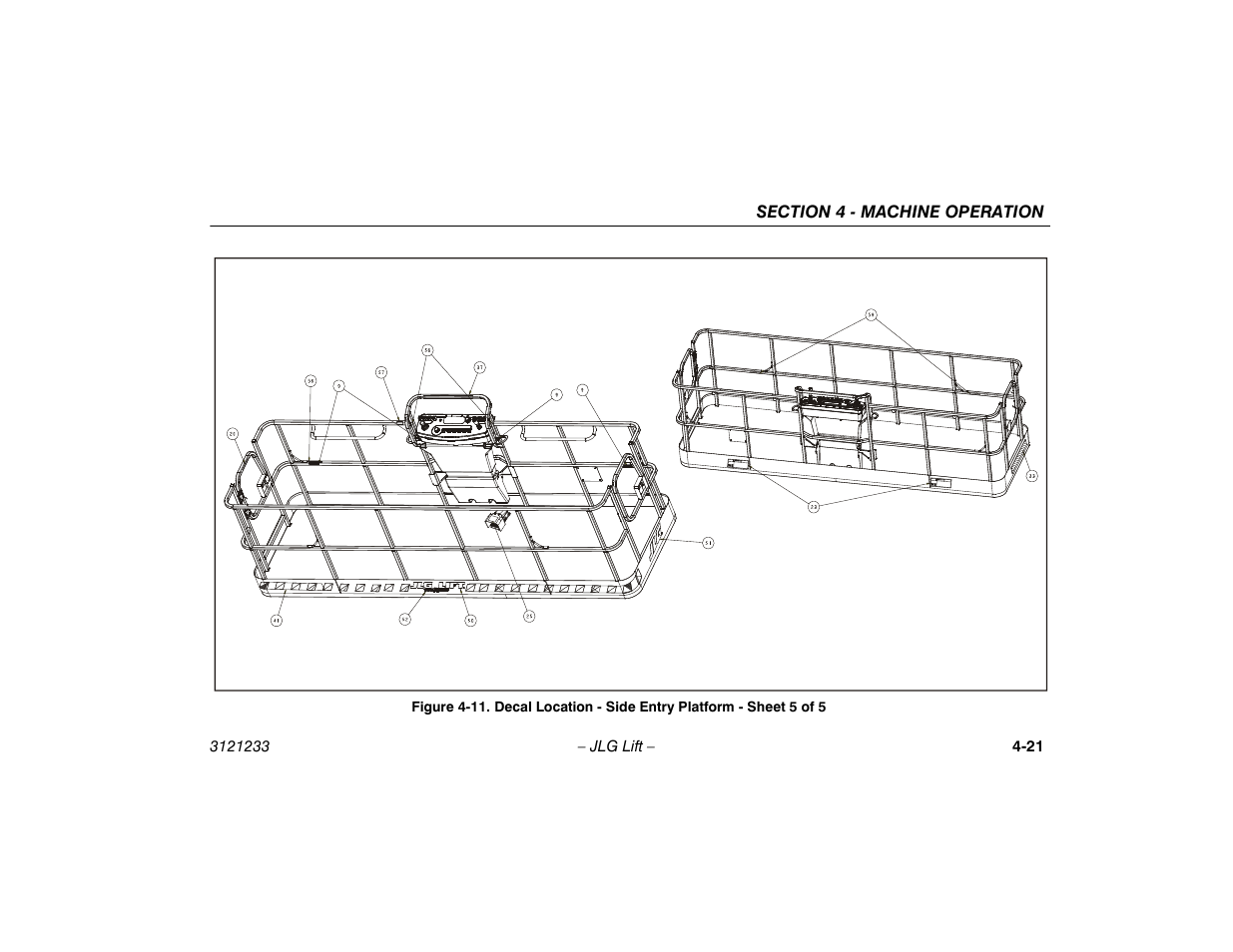 11. decal location - side entry platform, Sheet 5 of 5 -21 | JLG 680S Operator Manual User Manual | Page 77 / 128