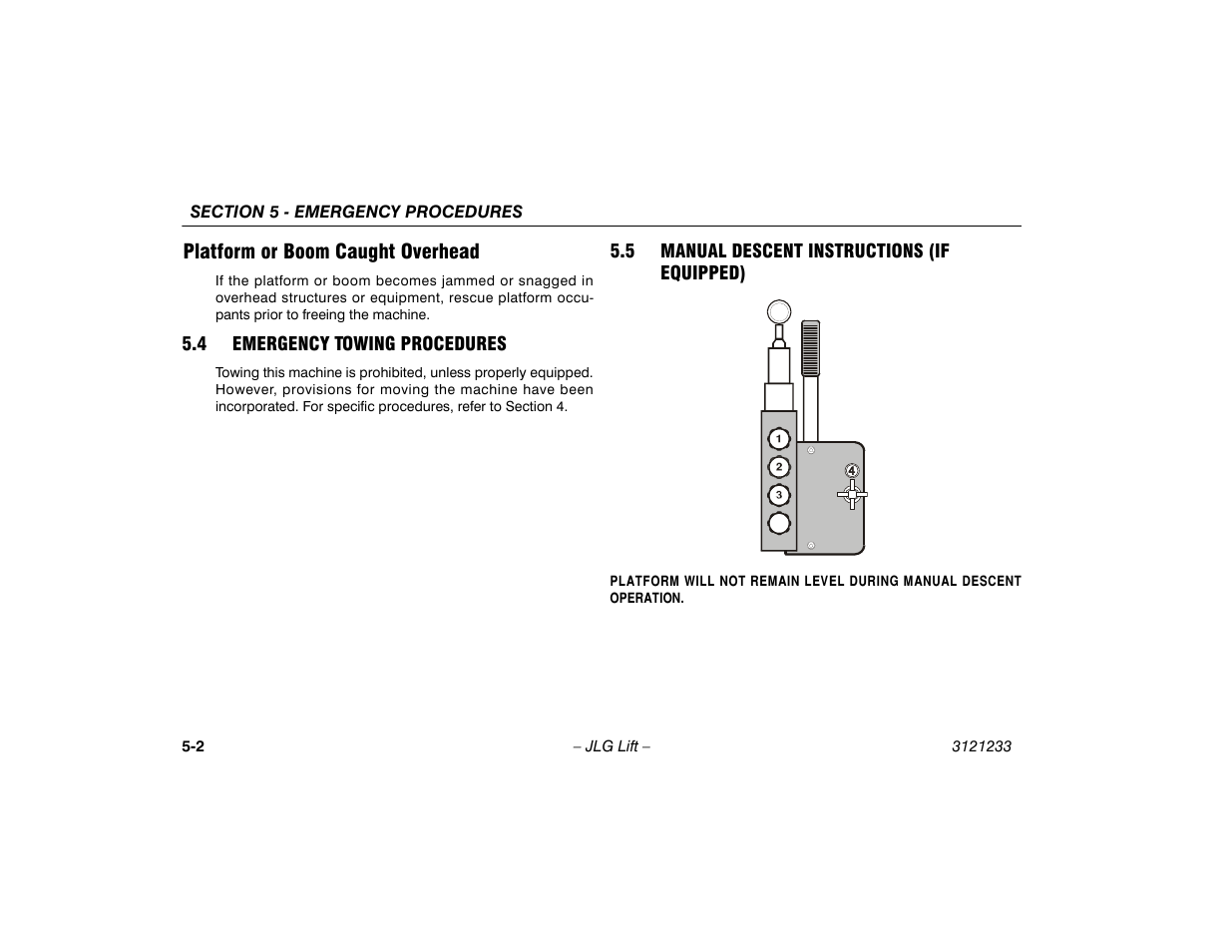 Platform or boom caught overhead, 4 emergency towing procedures, 5 manual descent instructions (if equipped) | Platform or boom caught overhead -2, If equipped) -2 | JLG 680S Operator Manual User Manual | Page 82 / 128