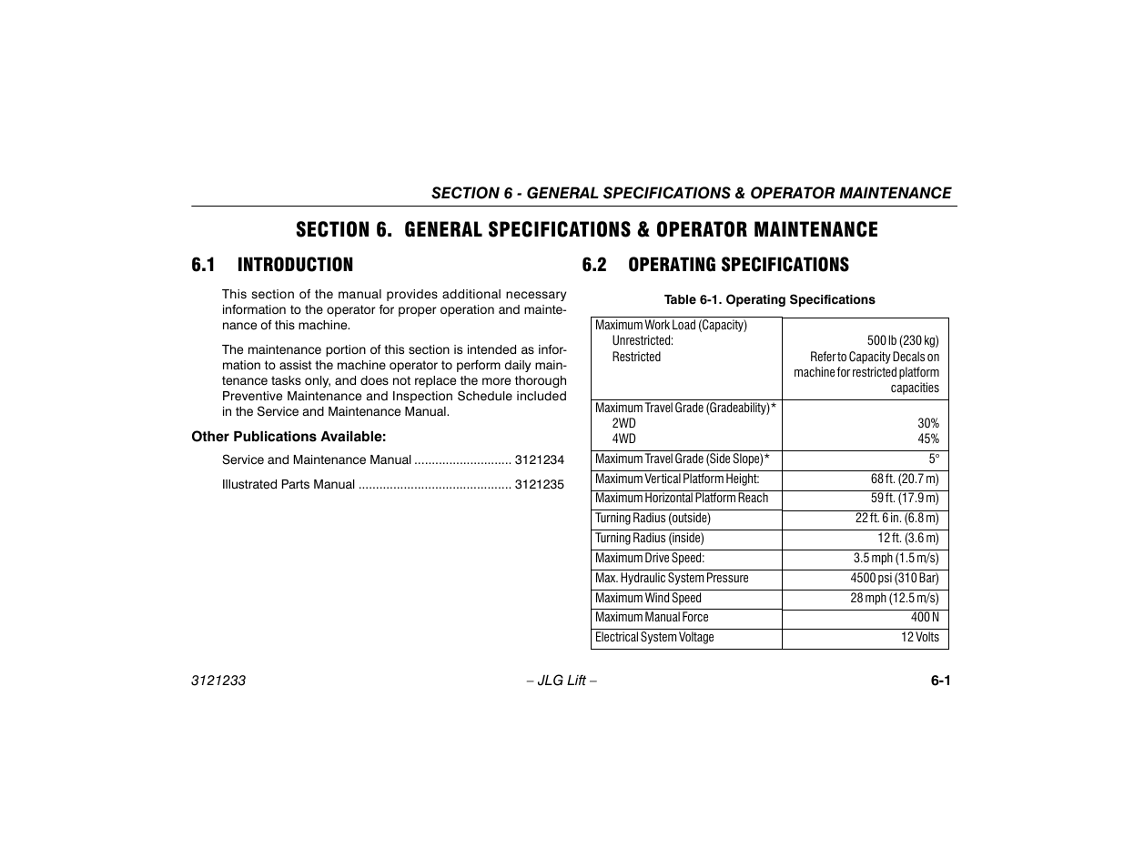 1 introduction, 2 operating specifications, 1 introduction -1 6.2 operating specifications -1 | Operating specifications -1 | JLG 680S Operator Manual User Manual | Page 85 / 128