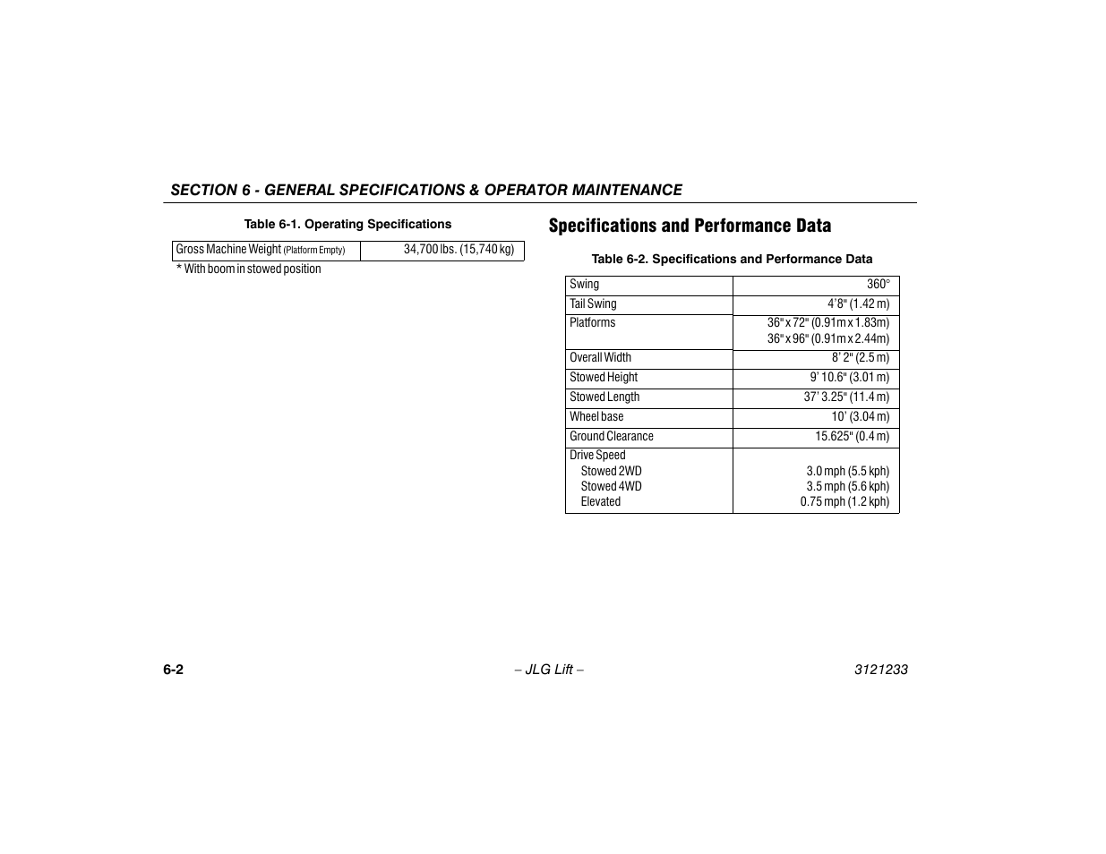 Specifications and performance data, Specifications and performance data -2 | JLG 680S Operator Manual User Manual | Page 86 / 128