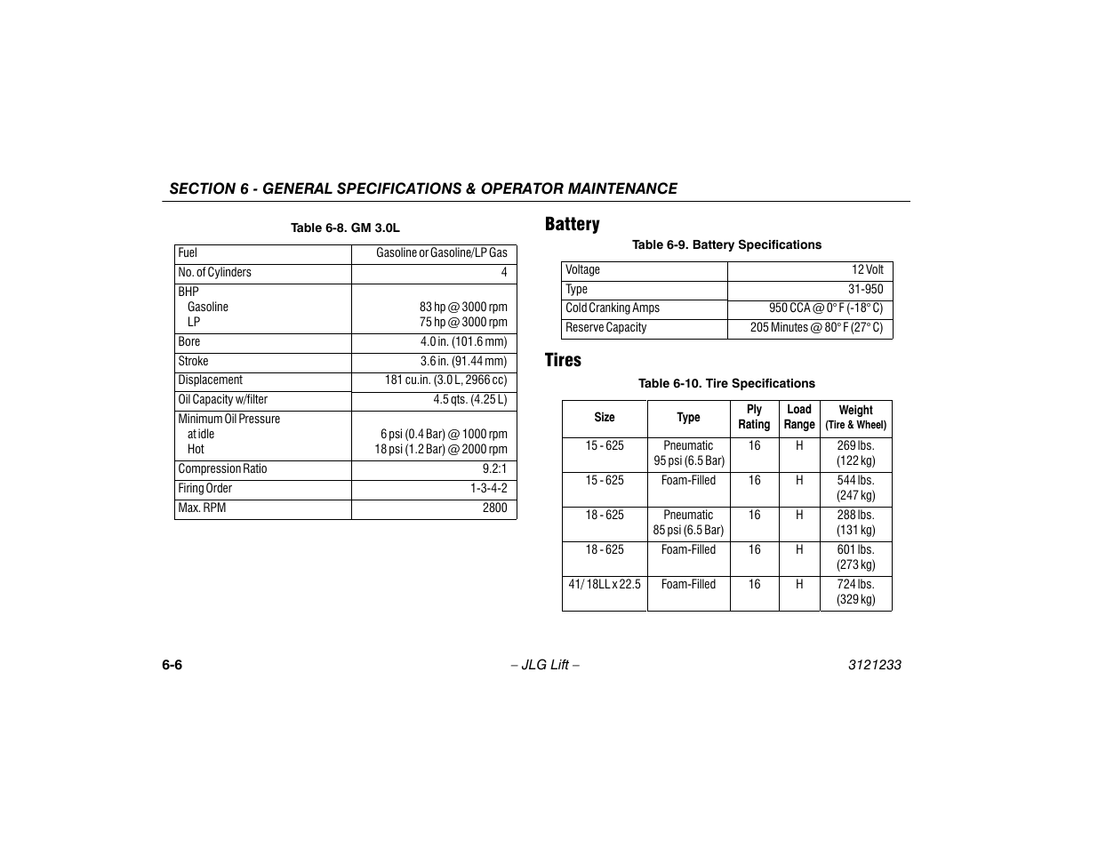 Battery, Tires, Battery -6 tires -6 | Gm 3.0l -6, Battery specifications -6, 10 tire specifications -6, Battery tires | JLG 680S Operator Manual User Manual | Page 90 / 128