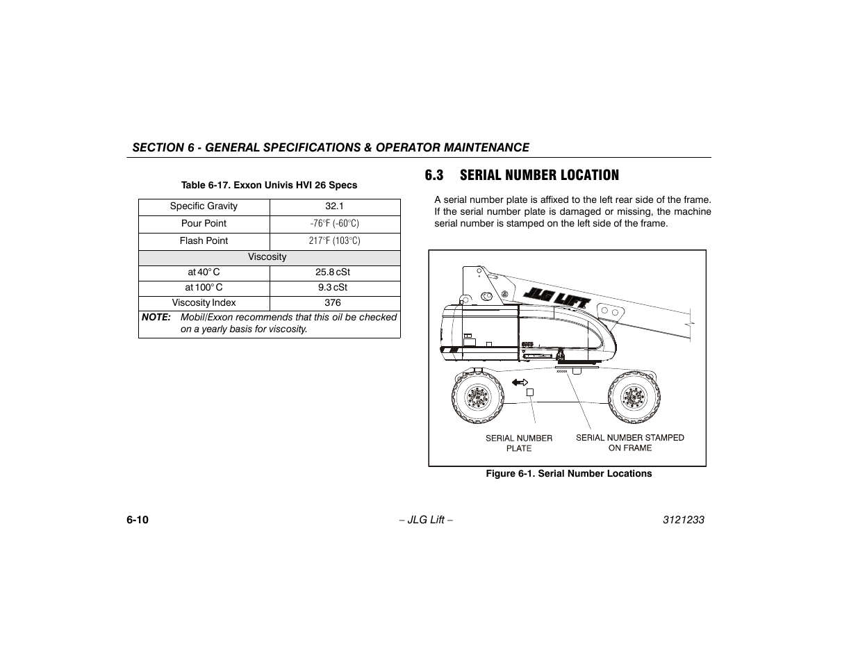 3 serial number location, 3 serial number location -10, Serial number locations -10 | 17 exxon univis hvi 26 specs -10 | JLG 680S Operator Manual User Manual | Page 94 / 128