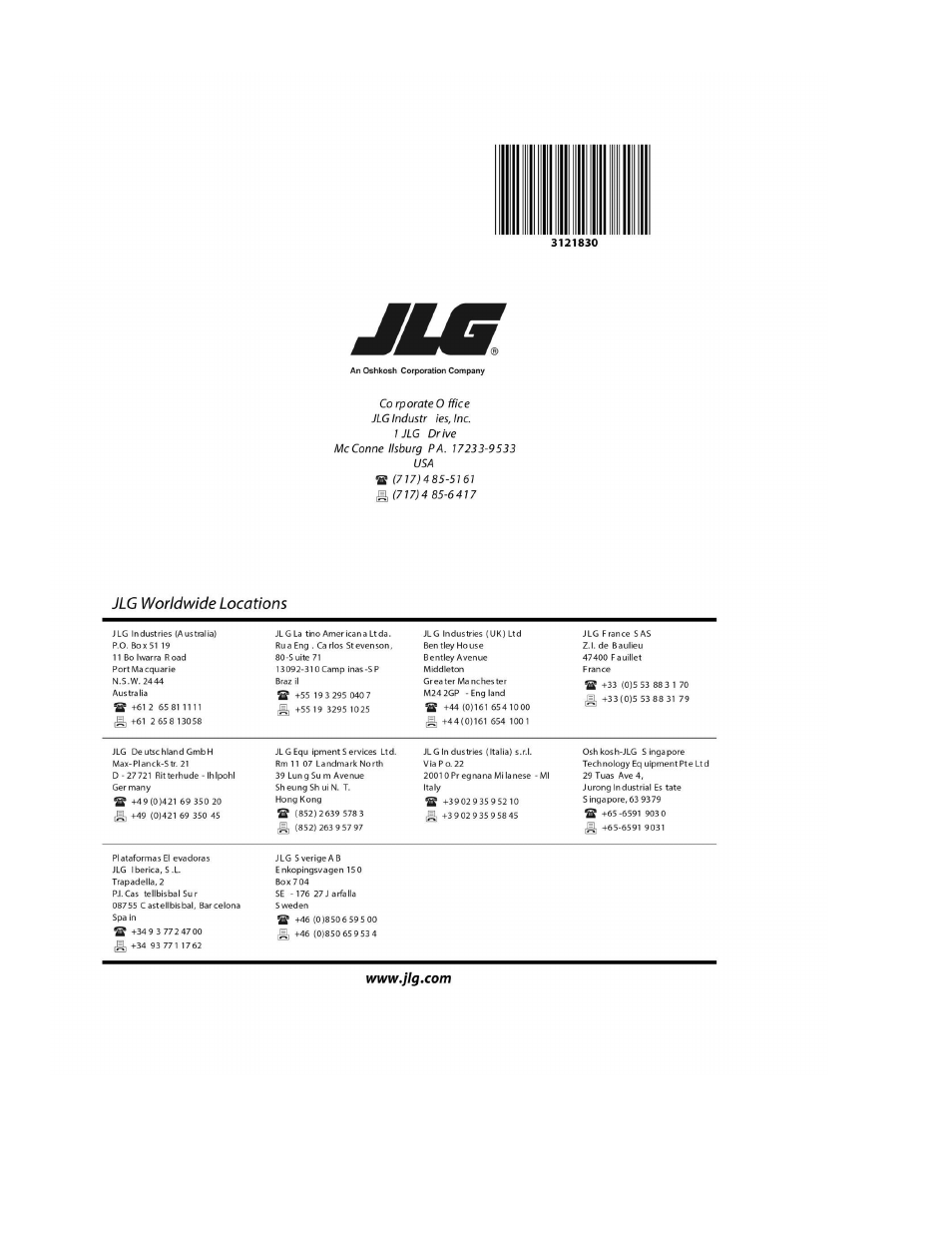 JLG M400 Parts Manual User Manual | Page 262 / 262