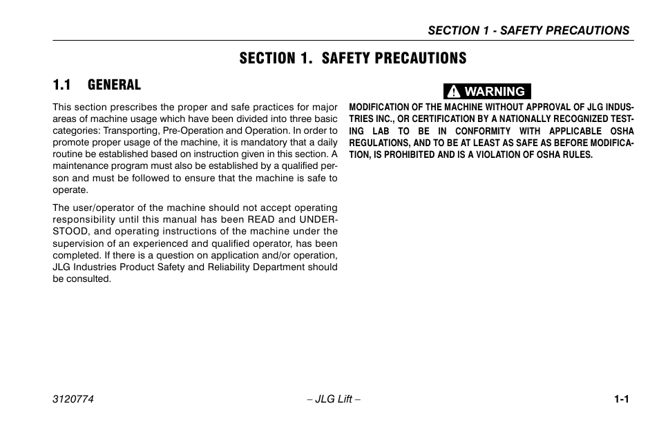 Section 1. safety precautions, 1 general, Section - 1 - safety precautions | 1 general -1 | JLG 15SP Operator Manual User Manual | Page 11 / 74