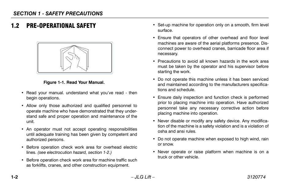 2 pre-operational safety, 2 pre-operational safety -2, Read your manual -2 | JLG 15SP Operator Manual User Manual | Page 12 / 74