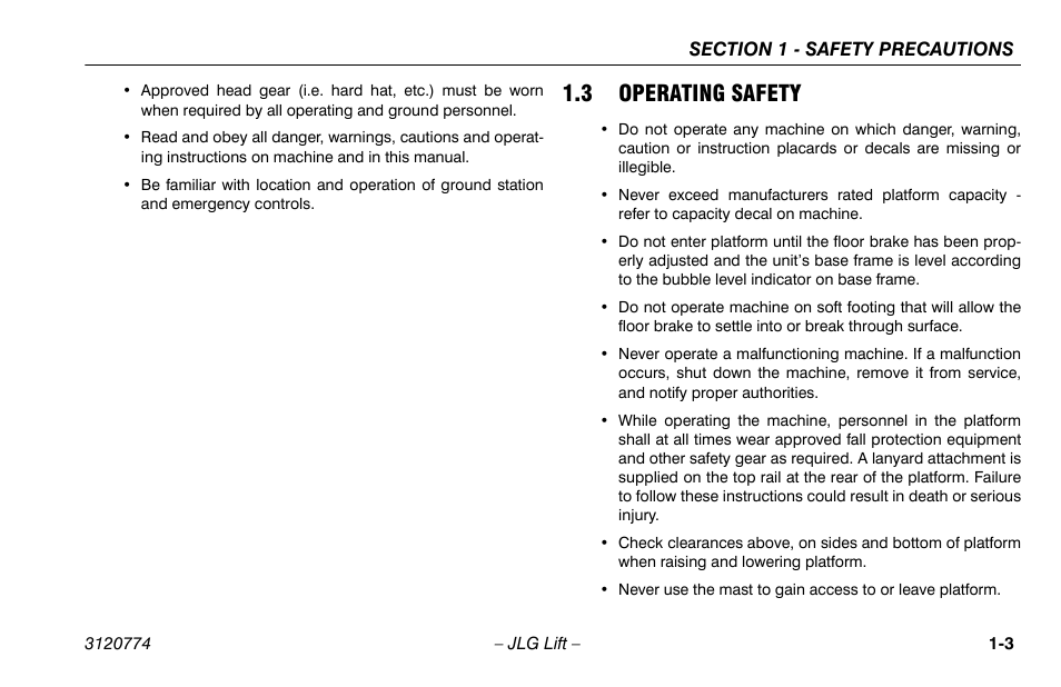 3 operating safety, 3 operating safety -3 | JLG 15SP Operator Manual User Manual | Page 13 / 74