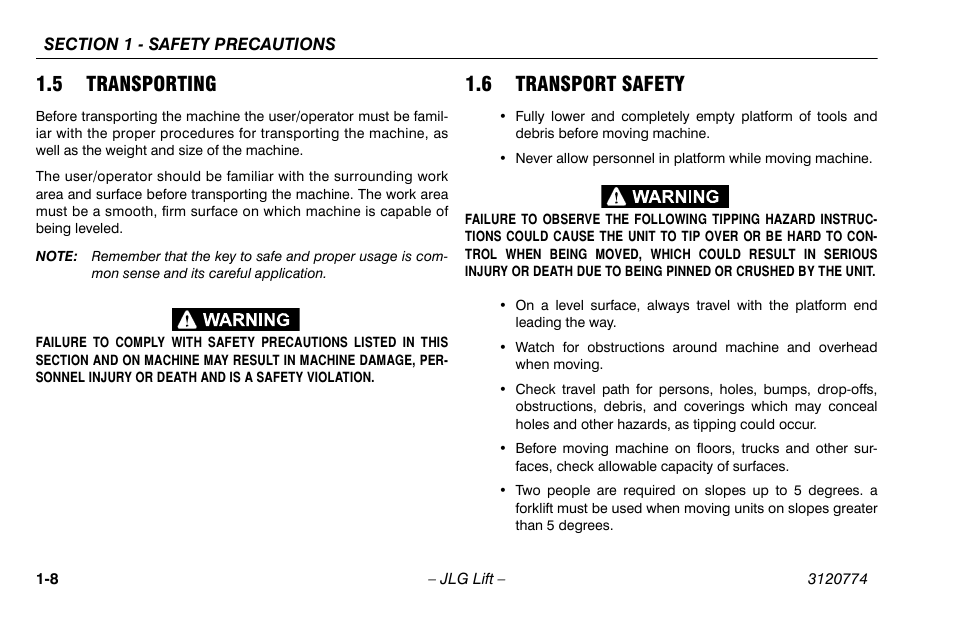 5 transporting, 6 transport safety, 5 transporting -8 1.6 transport safety -8 | JLG 15SP Operator Manual User Manual | Page 18 / 74
