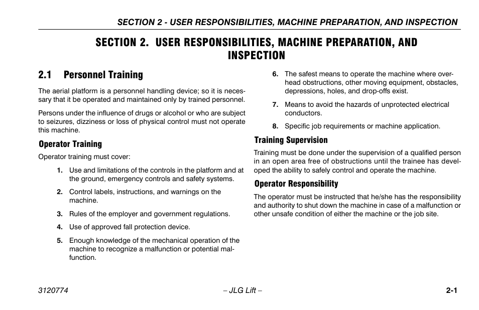1 personnel training, Operator training, Training supervision | Operator responsibility, 1 personnel training -1 | JLG 15SP Operator Manual User Manual | Page 21 / 74