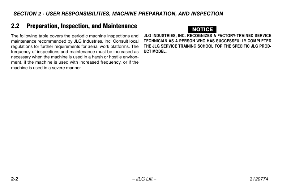 2 preparation, inspection, and maintenance, 2 preparation, inspection, and maintenance. 2-2 | JLG 15SP Operator Manual User Manual | Page 22 / 74