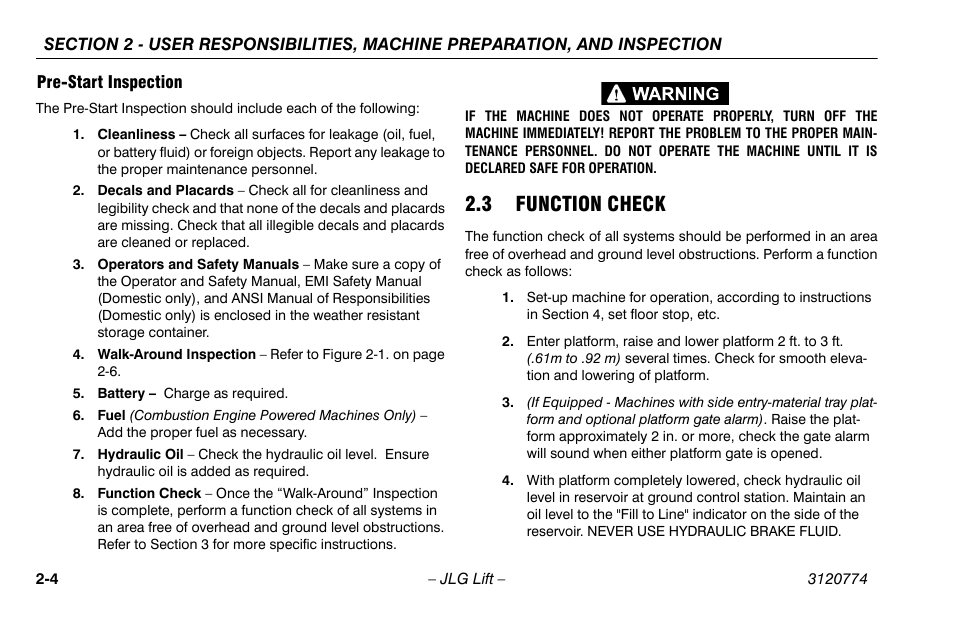 Pre-start inspection, 3 function check, Pre-start inspection -4 | 3 function check -4 | JLG 15SP Operator Manual User Manual | Page 24 / 74