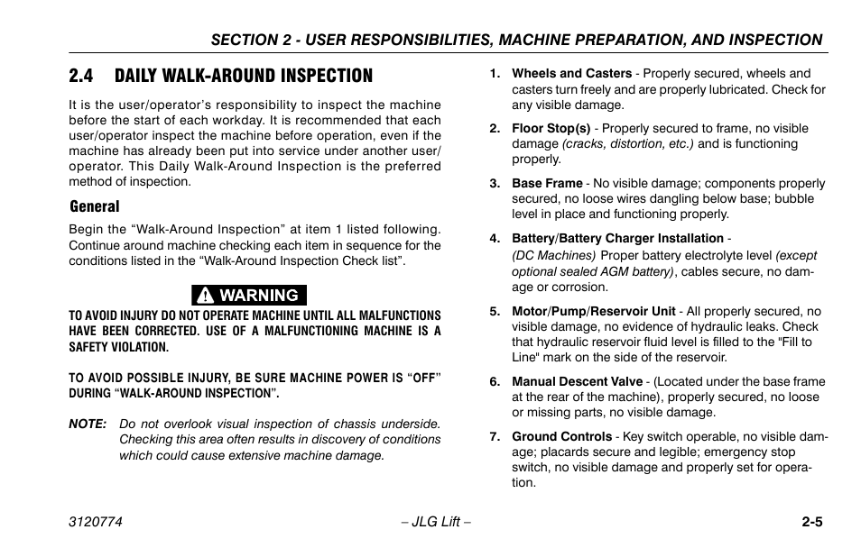 4 daily walk-around inspection, General, 4 daily walk-around inspection -5 | General -5 | JLG 15SP Operator Manual User Manual | Page 25 / 74