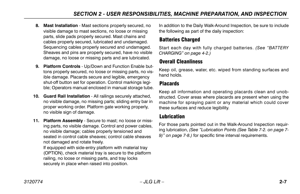 Batteries charged, Overall cleanliness, Placards | Lubrication | JLG 15SP Operator Manual User Manual | Page 27 / 74