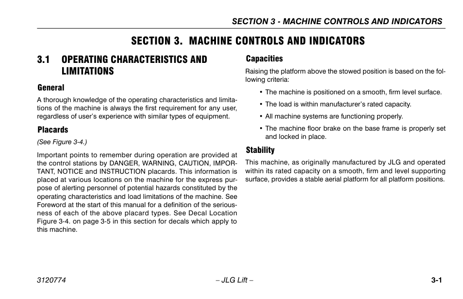 Section 3. machine controls and indicators, 1 operating characteristics and limitations, General | Placards, Capacities, Stability, Section - 3 - machine controls and indicators, 1 operating characteristics and limitations 3-1, General -1 placards -1 capacities -1 stability -1 | JLG 15SP Operator Manual User Manual | Page 29 / 74