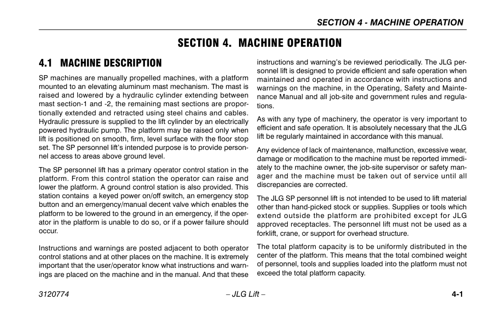 Section 4. machine operation, 1 machine description, Section - 4 - machine operation | 1 machine description -1 | JLG 15SP Operator Manual User Manual | Page 35 / 74