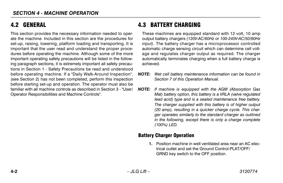 2 general, 3 battery charging, Battery charger operation | 2 general -2 4.3 battery charging -2, Battery charger operation -2 | JLG 15SP Operator Manual User Manual | Page 36 / 74