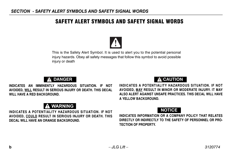 Safety alert symbols and safety signal words | JLG 15SP Operator Manual User Manual | Page 4 / 74