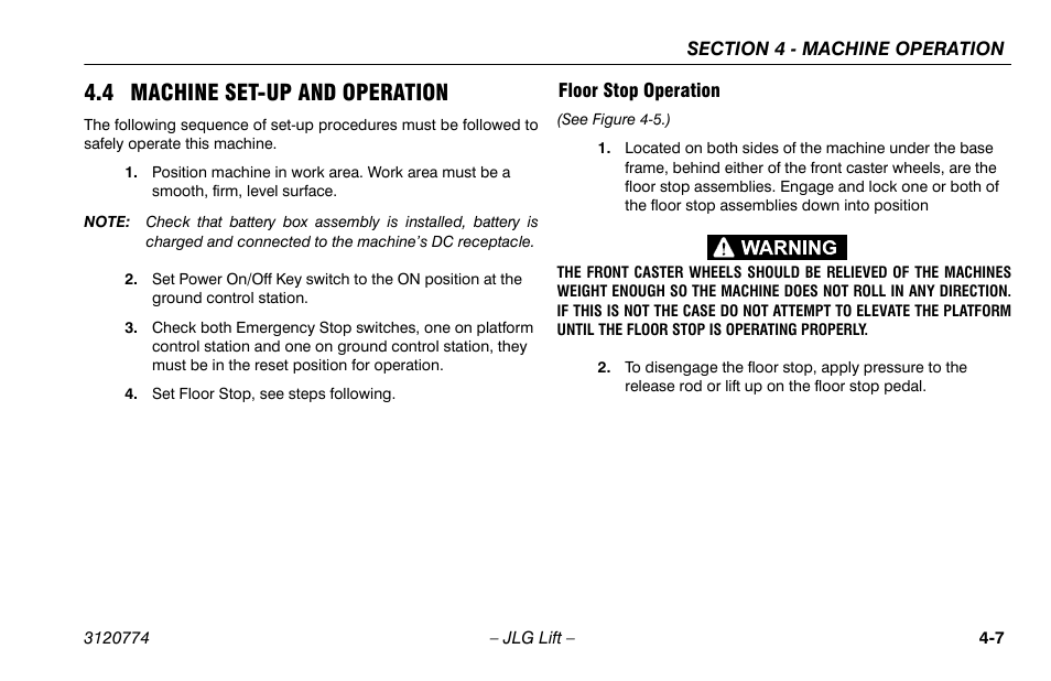4 machine set-up and operation, Floor stop operation, 4 machine set-up and operation -7 | Floor stop operation -7 | JLG 15SP Operator Manual User Manual | Page 41 / 74