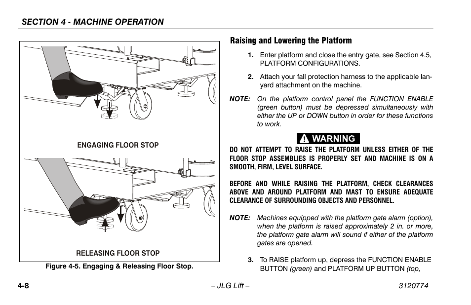 Raising and lowering the platform, Raising and lowering the platform -8, Engaging & releasing floor stop -8 | JLG 15SP Operator Manual User Manual | Page 42 / 74