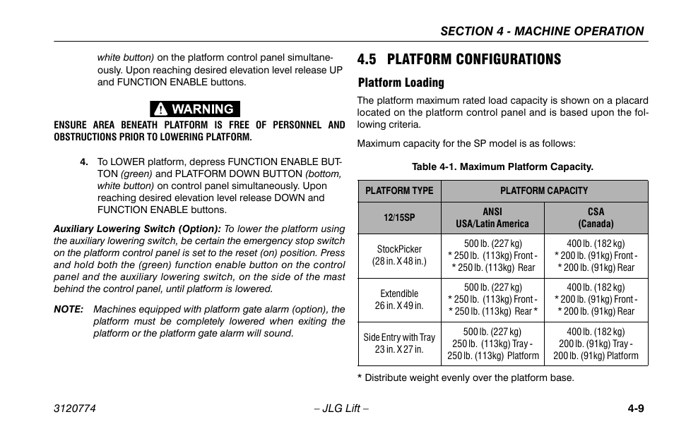 5 platform configurations, Platform loading, 5 platform configurations -9 | Platform loading -9, Maximum platform capacity -9 | JLG 15SP Operator Manual User Manual | Page 43 / 74