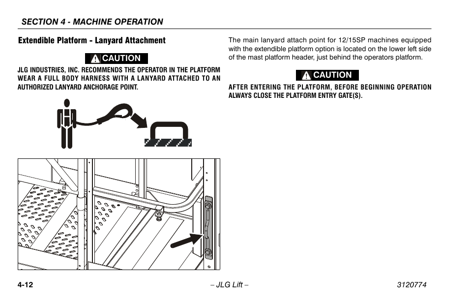 Extendible platform - lanyard attachment, Extendible platform - lanyard attachment -12 | JLG 15SP Operator Manual User Manual | Page 46 / 74
