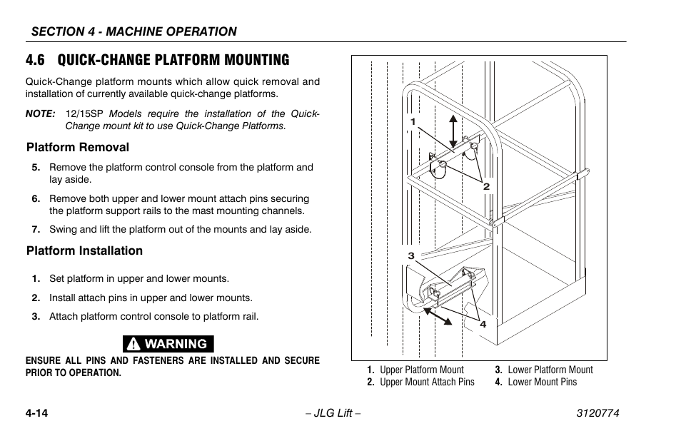 6 quick-change platform mounting, Platform removal, Platform installation | 6 quick-change platform mounting -14, Platform removal -14 platform installation -14 | JLG 15SP Operator Manual User Manual | Page 48 / 74