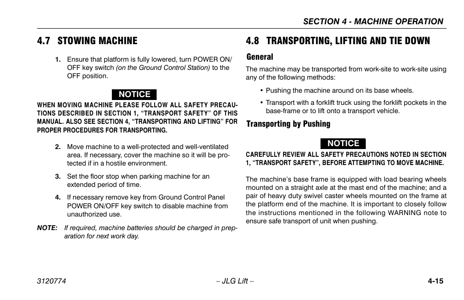 7 stowing machine, 8 transporting, lifting and tie down, General | Transporting by pushing, General -15 transporting by pushing -15 | JLG 15SP Operator Manual User Manual | Page 49 / 74