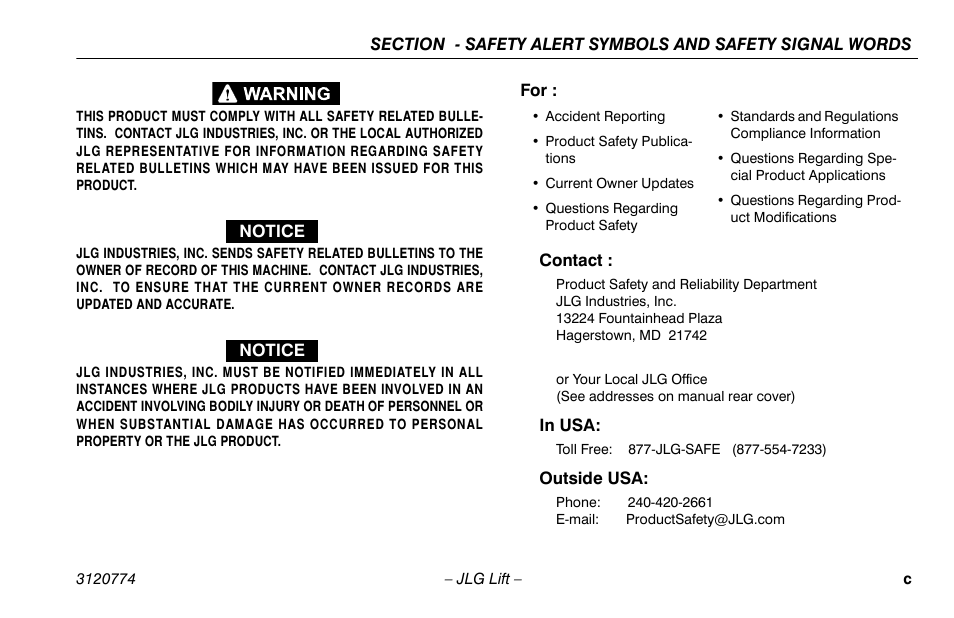 Contact, In usa, Outside usa | JLG 15SP Operator Manual User Manual | Page 5 / 74