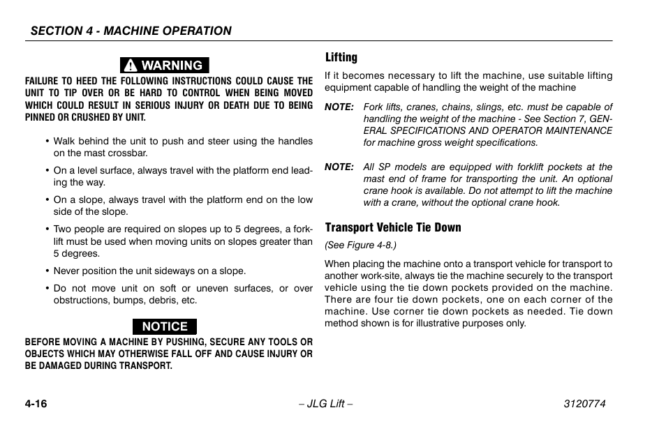 Lifting, Transport vehicle tie down, Lifting -16 transport vehicle tie down -16 | JLG 15SP Operator Manual User Manual | Page 50 / 74