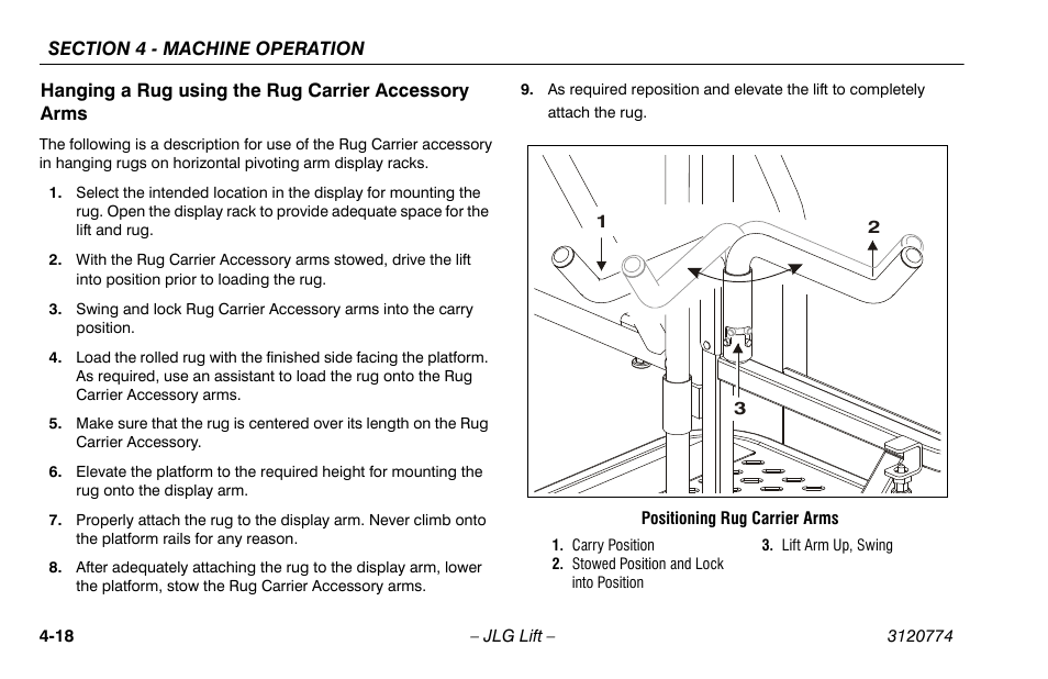 Hanging a rug using the rug carrier accessory arms | JLG 15SP Operator Manual User Manual | Page 52 / 74