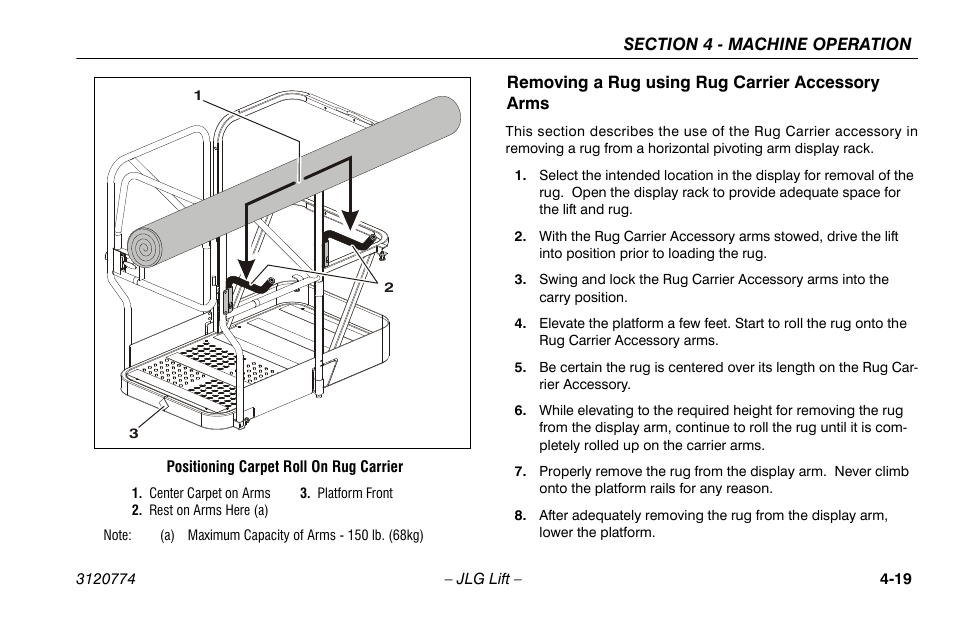 Removing a rug using rug carrier accessory arms | JLG 15SP Operator Manual User Manual | Page 53 / 74