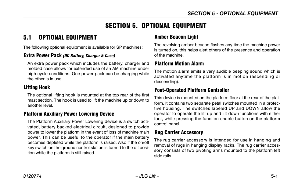 Section 5. optional equipment, 1 optional equipment, Extra power pack (dc battery, charger & case) | Lifting hook, Platform auxiliary power lowering device, Amber beacon light, Platform motion alarm, Foot-operated platform controller, Rug carrier accessory, Section - 5 - optional equipment | JLG 15SP Operator Manual User Manual | Page 55 / 74