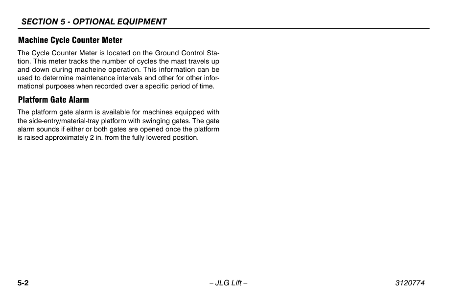 Machine cycle counter meter, Platform gate alarm | JLG 15SP Operator Manual User Manual | Page 56 / 74