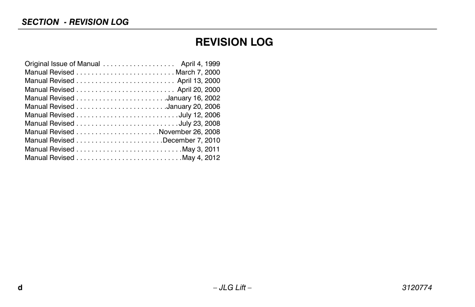 Revision log | JLG 15SP Operator Manual User Manual | Page 6 / 74