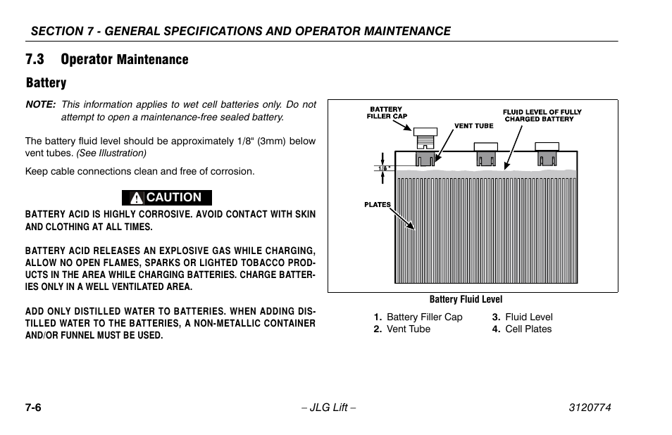 3 operator maintenance, Battery, 3 operator maintenance -6 | Battery -6, 3 operator, Maintenance battery | JLG 15SP Operator Manual User Manual | Page 64 / 74