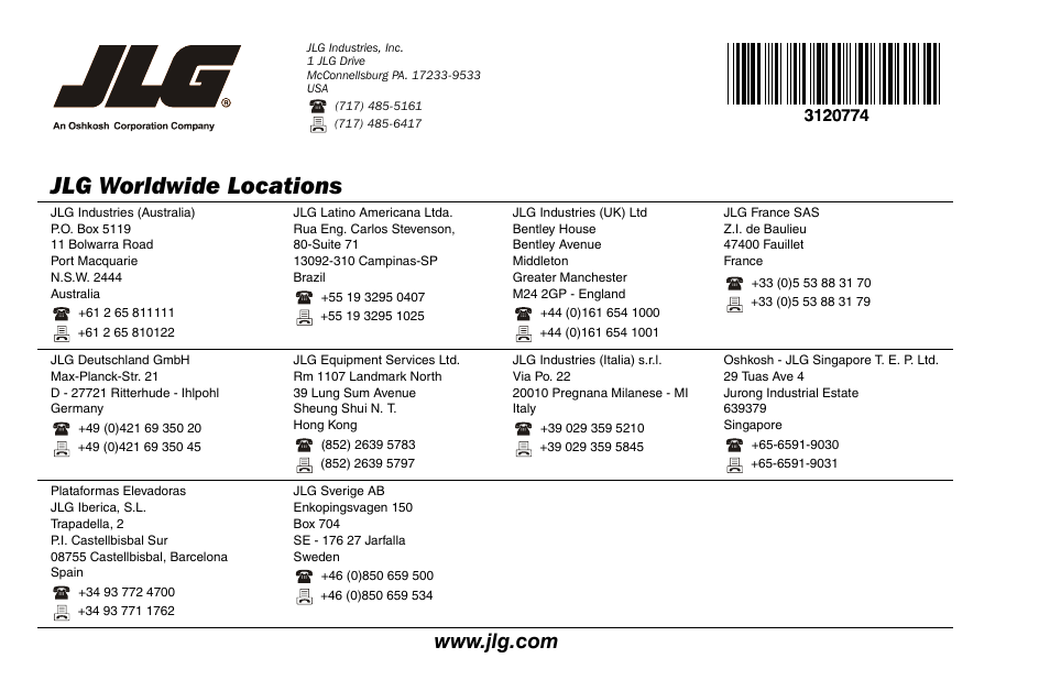 Jlg worldwide locations | JLG 15SP Operator Manual User Manual | Page 74 / 74