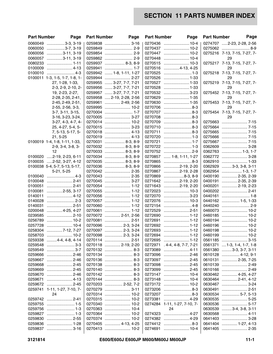 Section 11 parts number index, 11 - parts number index -1 | JLG M600 Parts Manual User Manual | Page 243 / 254