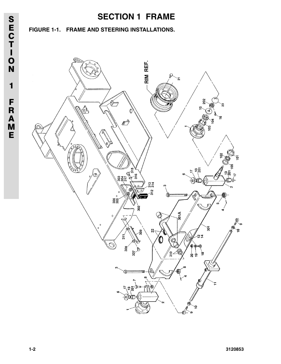 Figure 1-1. frame and steering installations, Frame and steering installations -2, Frame and steering installations | JLG 45ic Parts Manual User Manual | Page 8 / 160