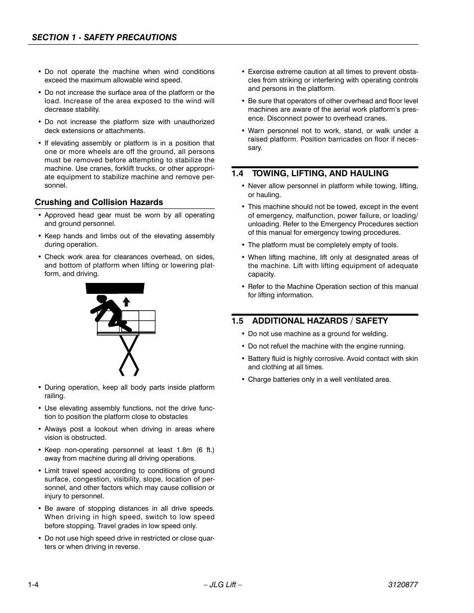 Crushing and collision hazards, 4 towing, lifting, and hauling, 5 additional hazards / safety | Towing, lifting, and hauling -4, Additional hazards / safety -4 | JLG 2658E3 Operator Manual User Manual | Page 12 / 68