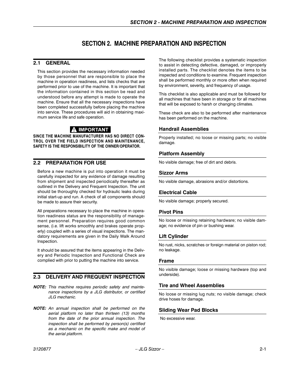 Section 2. machine preparation and inspection, 1 general, 2 preparation for use | 3 delivery and frequent inspection, Handrail assemblies, Platform assembly, Sizzor arms, Electrical cable, Pivot pins, Lift cylinder | JLG 2658E3 Operator Manual User Manual | Page 13 / 68