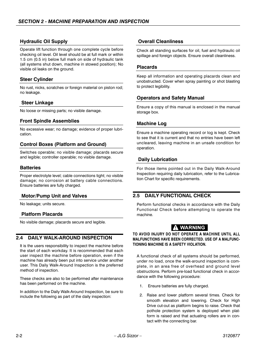 Hydraulic oil supply, Steer cylinder, Steer linkage | Front spindle assemblies, Control boxes (platform and ground), Batteries, Motor/pump unit and valves, Platform placards, 4 daily walk-around inspection, Overall cleanliness | JLG 2658E3 Operator Manual User Manual | Page 14 / 68